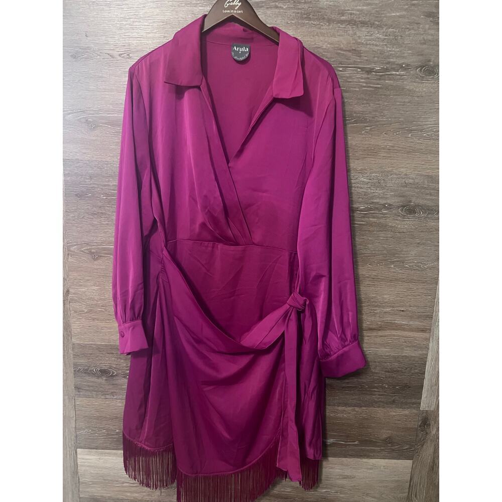 Arula Dress Plus Size B 16 - 18 Pink fringe Long Sleeves Wrap Anthropologie
